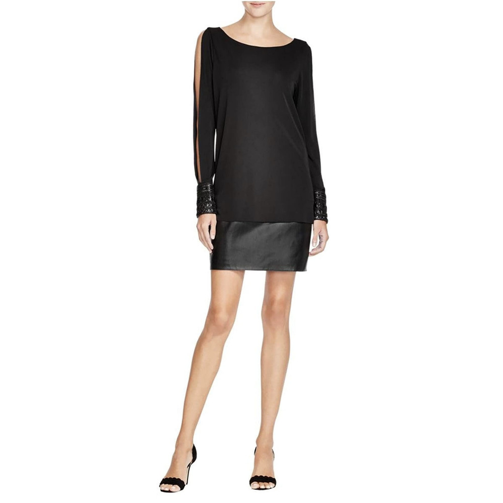 Bailey 44 Musical Montage Split Sleeve Dress Faux Leather Skirt